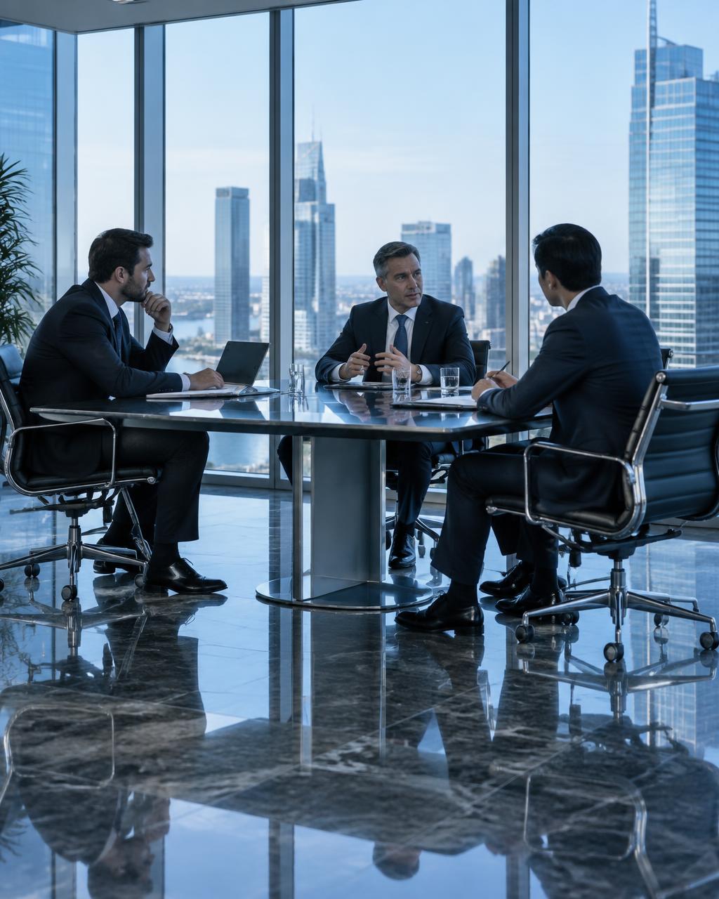 Advisors in discussion in a top-floor boardroom